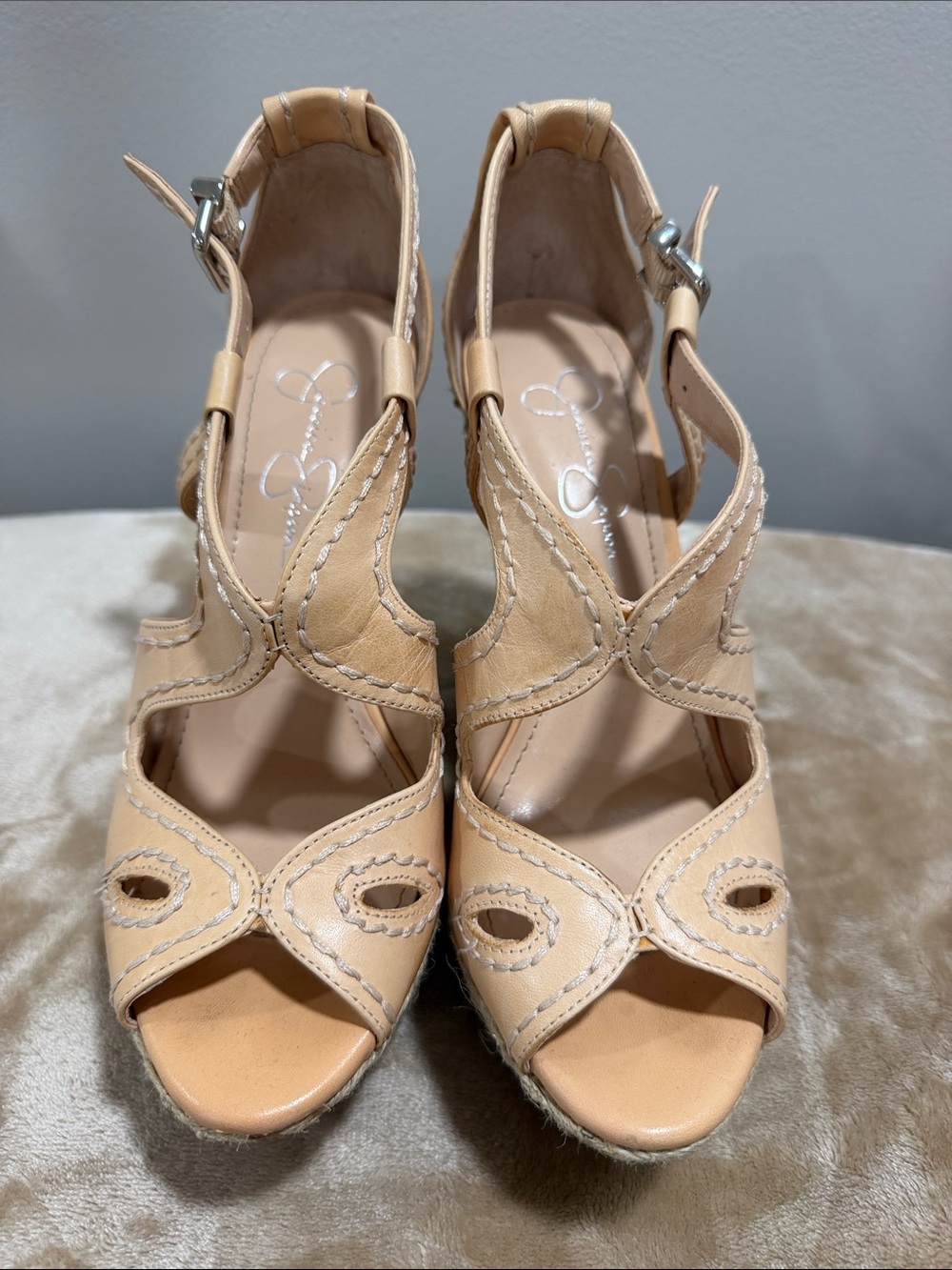 Jessica Simpson Neutral Tan Leather Cutout Wedge Sandals